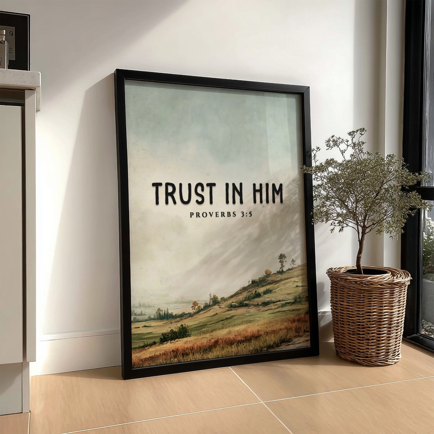 Trust in Him poster with serene landscape and soft colors, featuring Proverbs 3:5 for inspirational wall