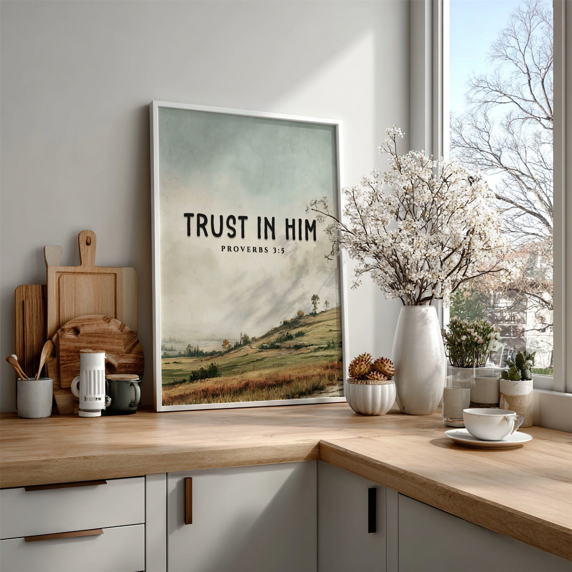 Trust in Him poster with serene landscape and soft colors, featuring Proverbs 3:5 for inspirational wall