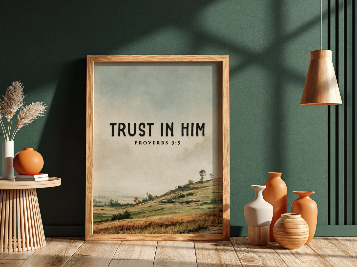 Trust in Him poster with serene landscape and soft colors, featuring Proverbs 3:5 for inspirational wall
