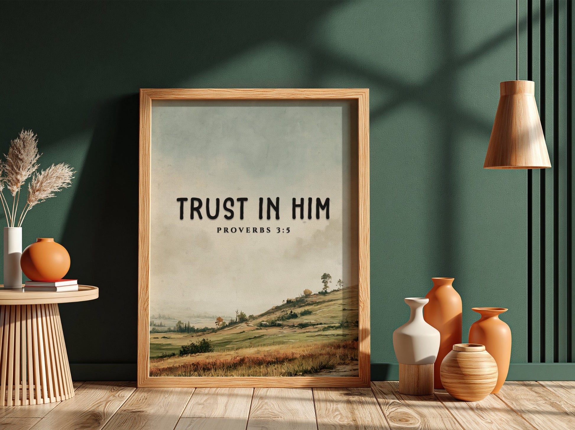 Trust in Him poster with serene landscape and soft colors, featuring Proverbs 3:5 for inspirational wall