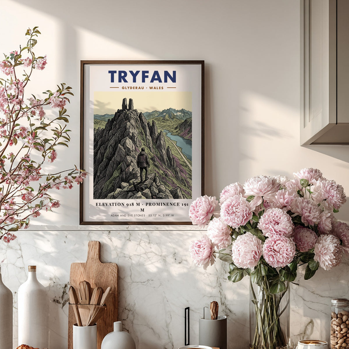 Tryfan mountain poster featuring a lone hiker standing before the Adam and Eve stones.