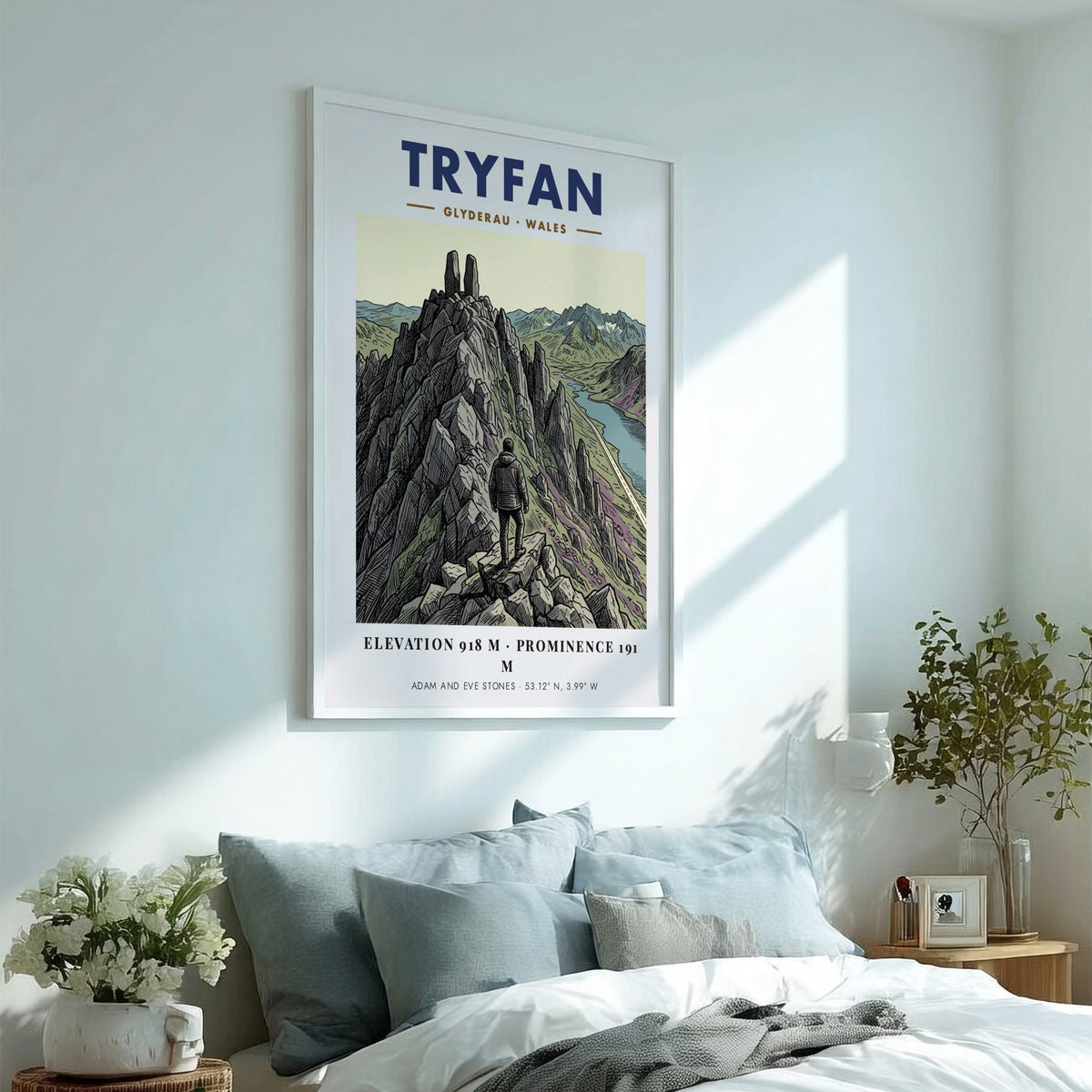 Tryfan mountain poster featuring a lone hiker standing before the Adam and Eve stones.