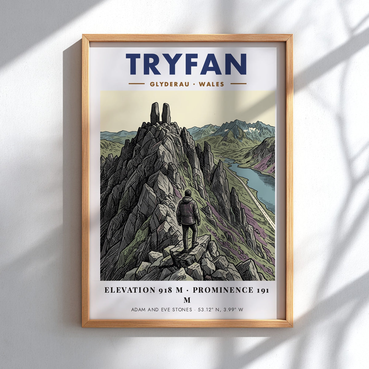 Tryfan mountain poster featuring a lone hiker standing before the Adam and Eve stones.