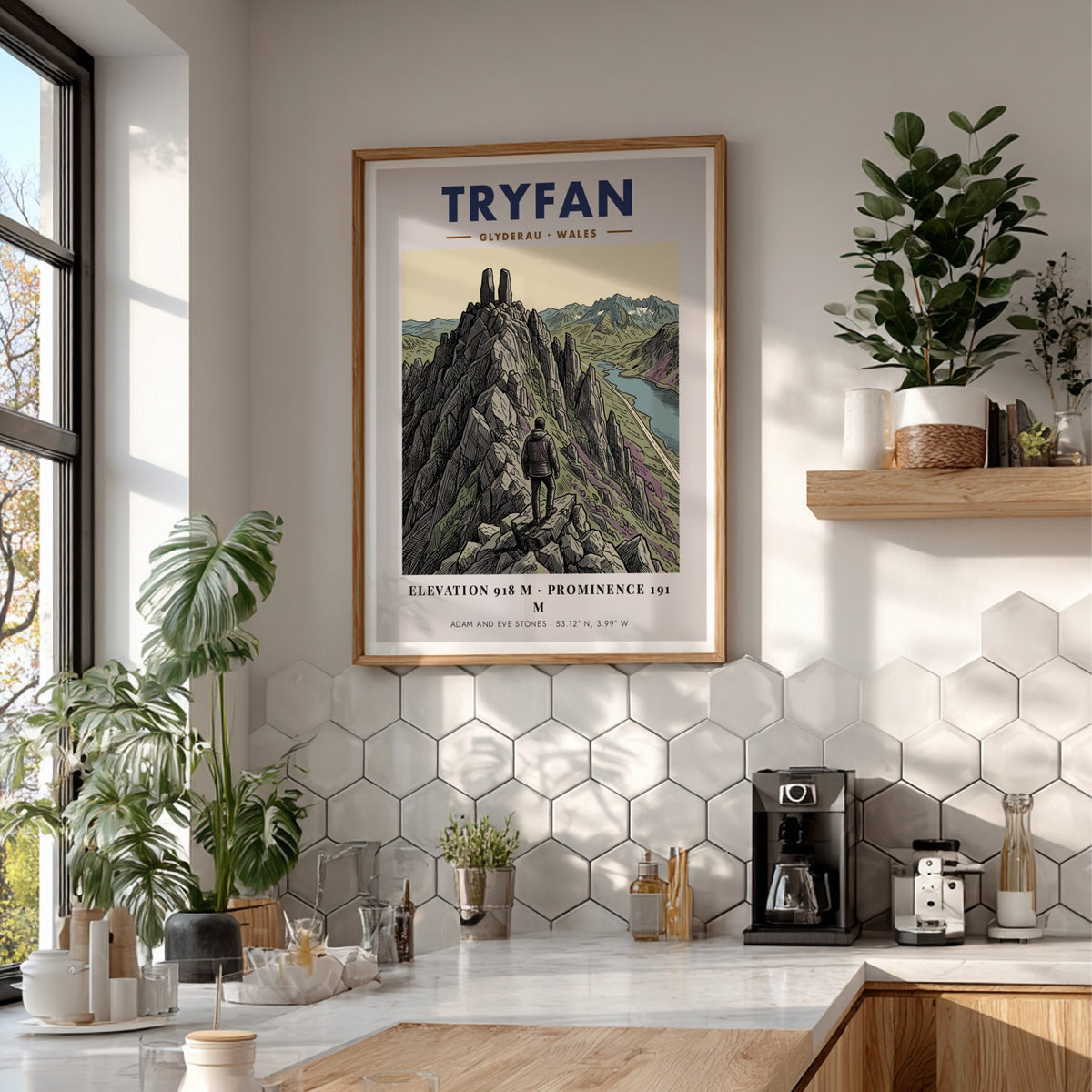 Tryfan mountain poster featuring a lone hiker standing before the Adam and Eve stones.