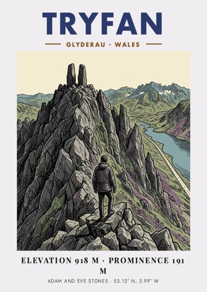 Tryfan mountain poster featuring a lone hiker standing before the Adam and Eve stones.
