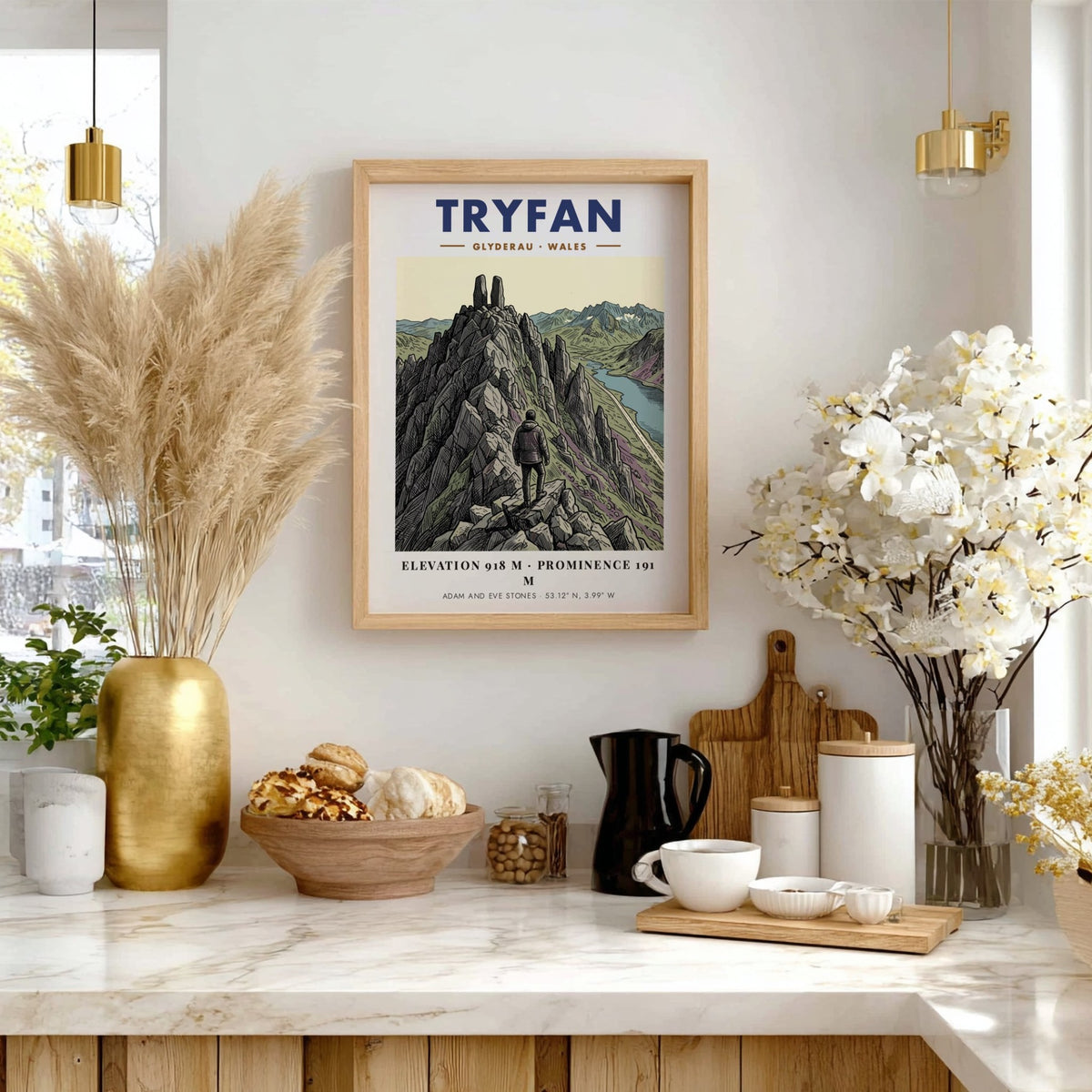Tryfan mountain poster featuring a lone hiker standing before the Adam and Eve stones.