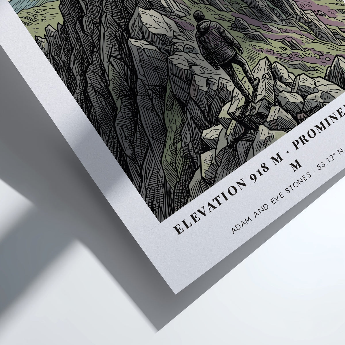 Tryfan mountain poster featuring a lone hiker standing before the Adam and Eve stones.