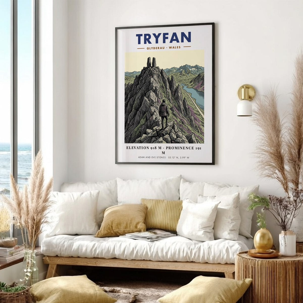 Tryfan mountain poster featuring a lone hiker standing before the Adam and Eve stones.