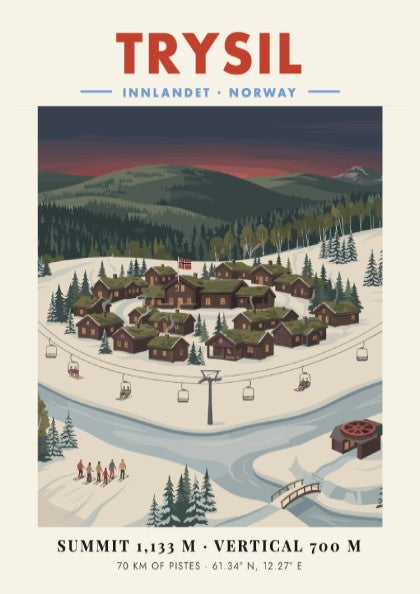 Trysil ski resort poster featuring a snowy village and twilight sky in vintage style
