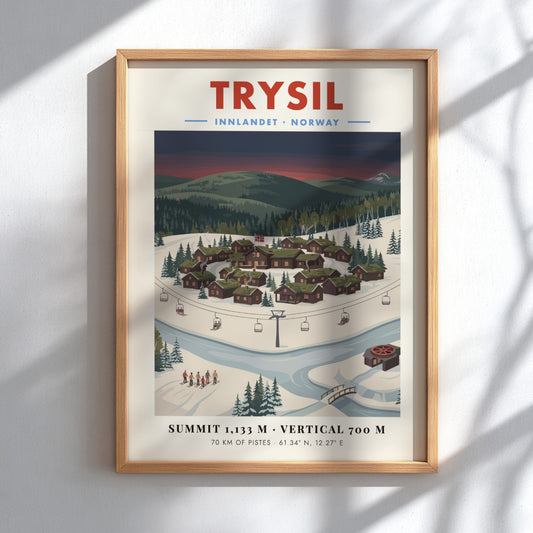 Trysil ski resort poster featuring a snowy village and twilight sky in vintage style