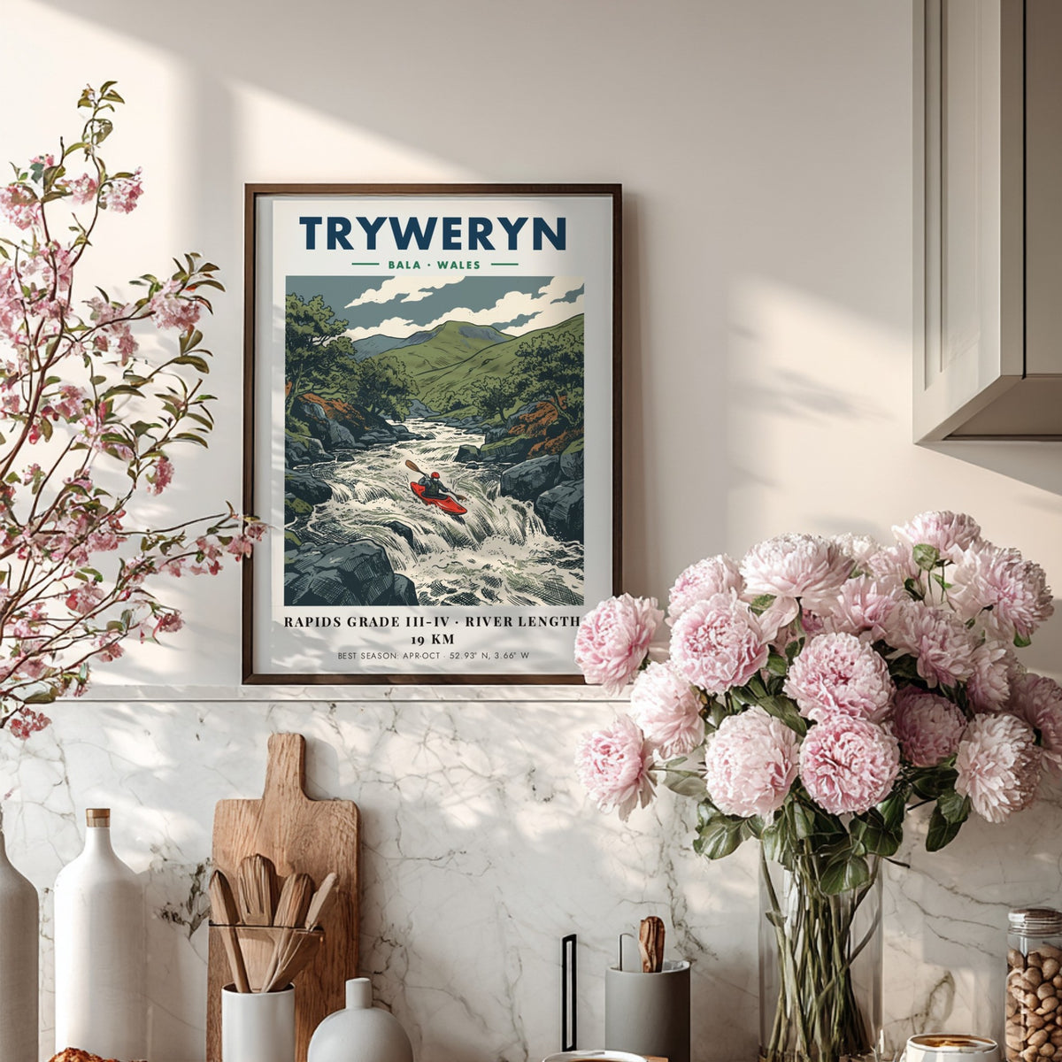 Poster of a red kayak navigating the turbulent Tryweryn River in Bala Wales