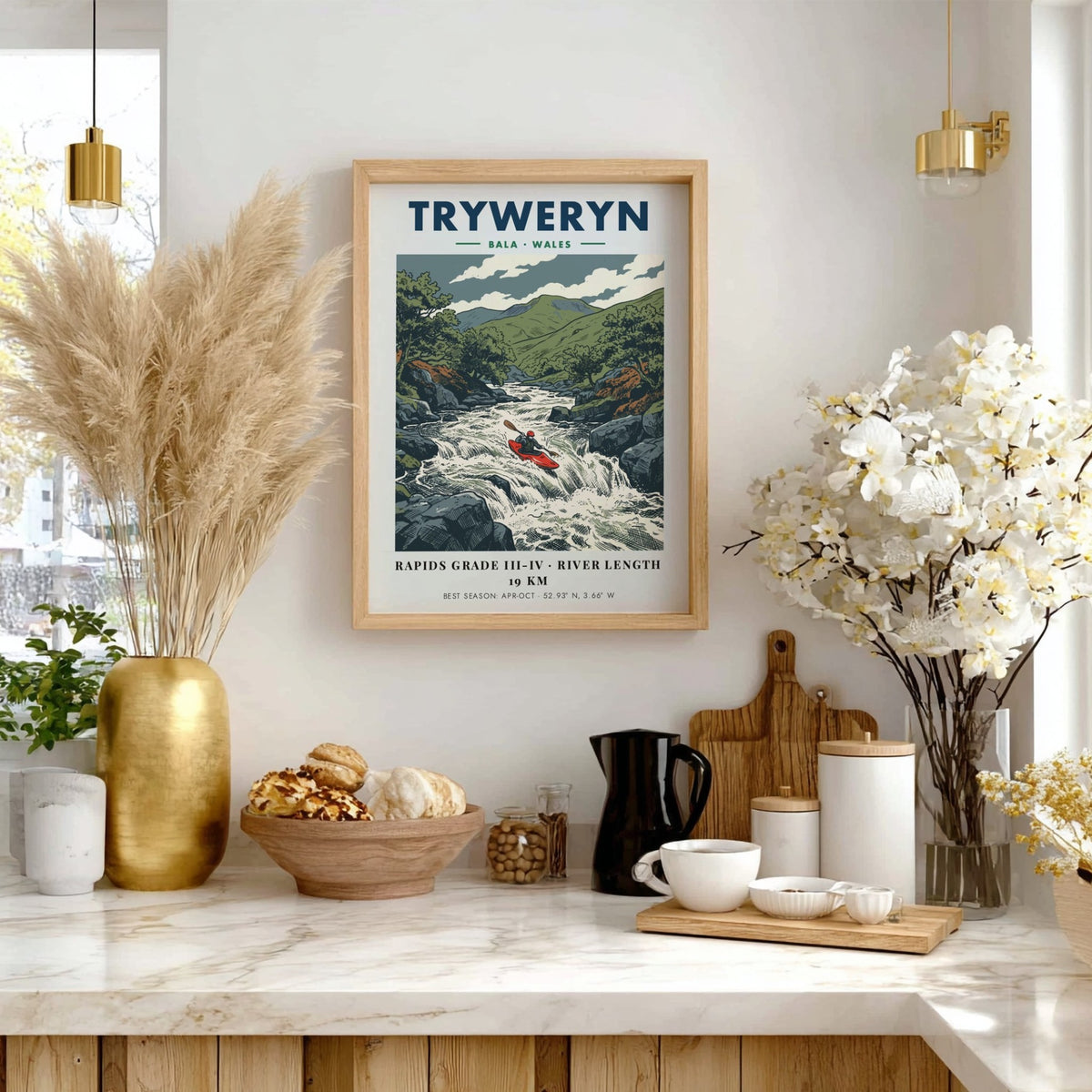 Poster of a red kayak navigating the turbulent Tryweryn River in Bala Wales