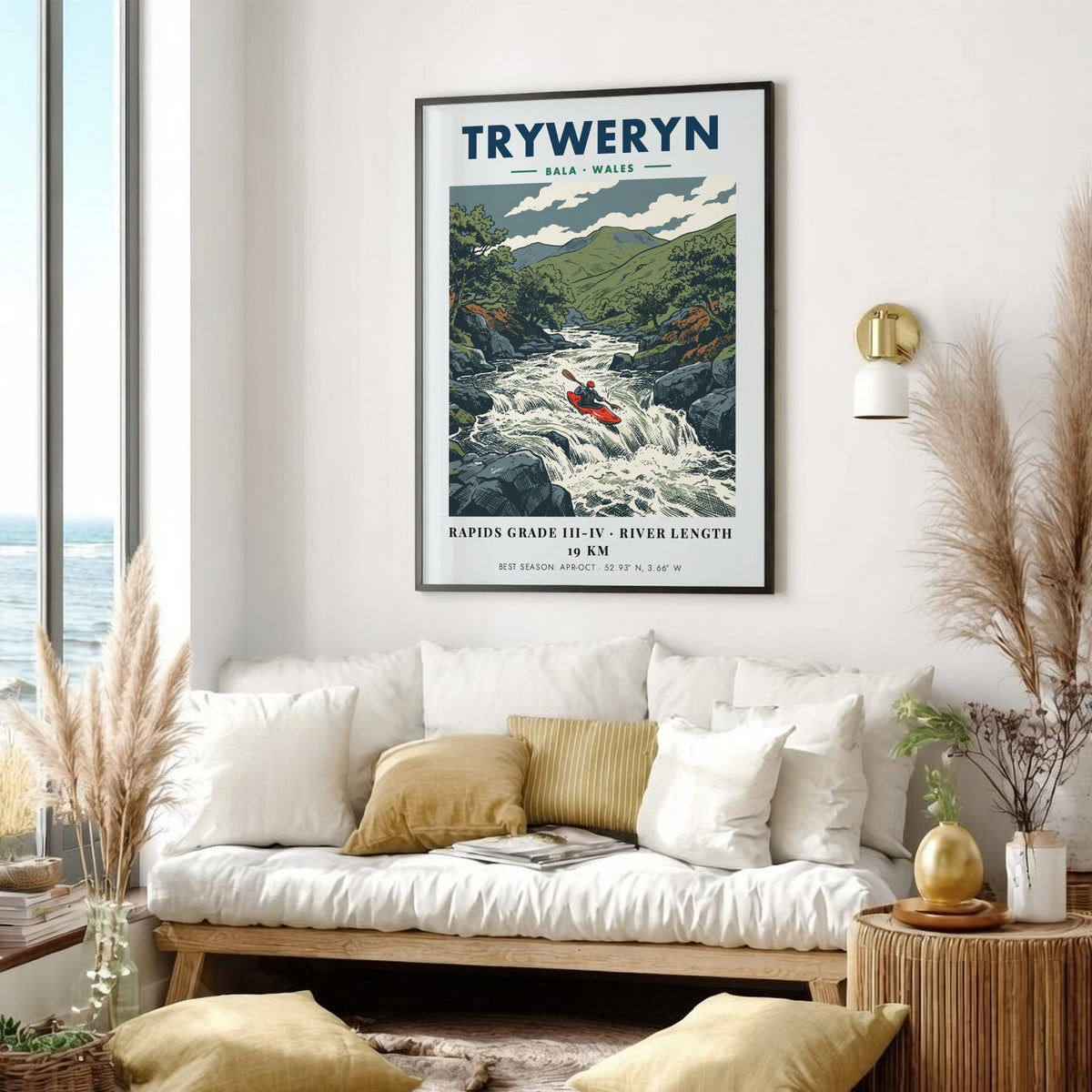 Poster of a red kayak navigating the turbulent Tryweryn River in Bala Wales