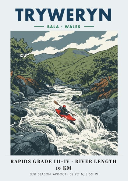 Poster of a red kayak navigating the turbulent Tryweryn River in Bala Wales