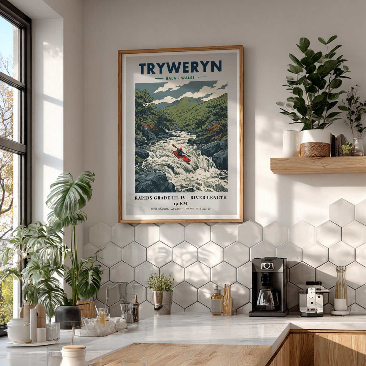 Poster of a red kayak navigating the turbulent Tryweryn River in Bala Wales