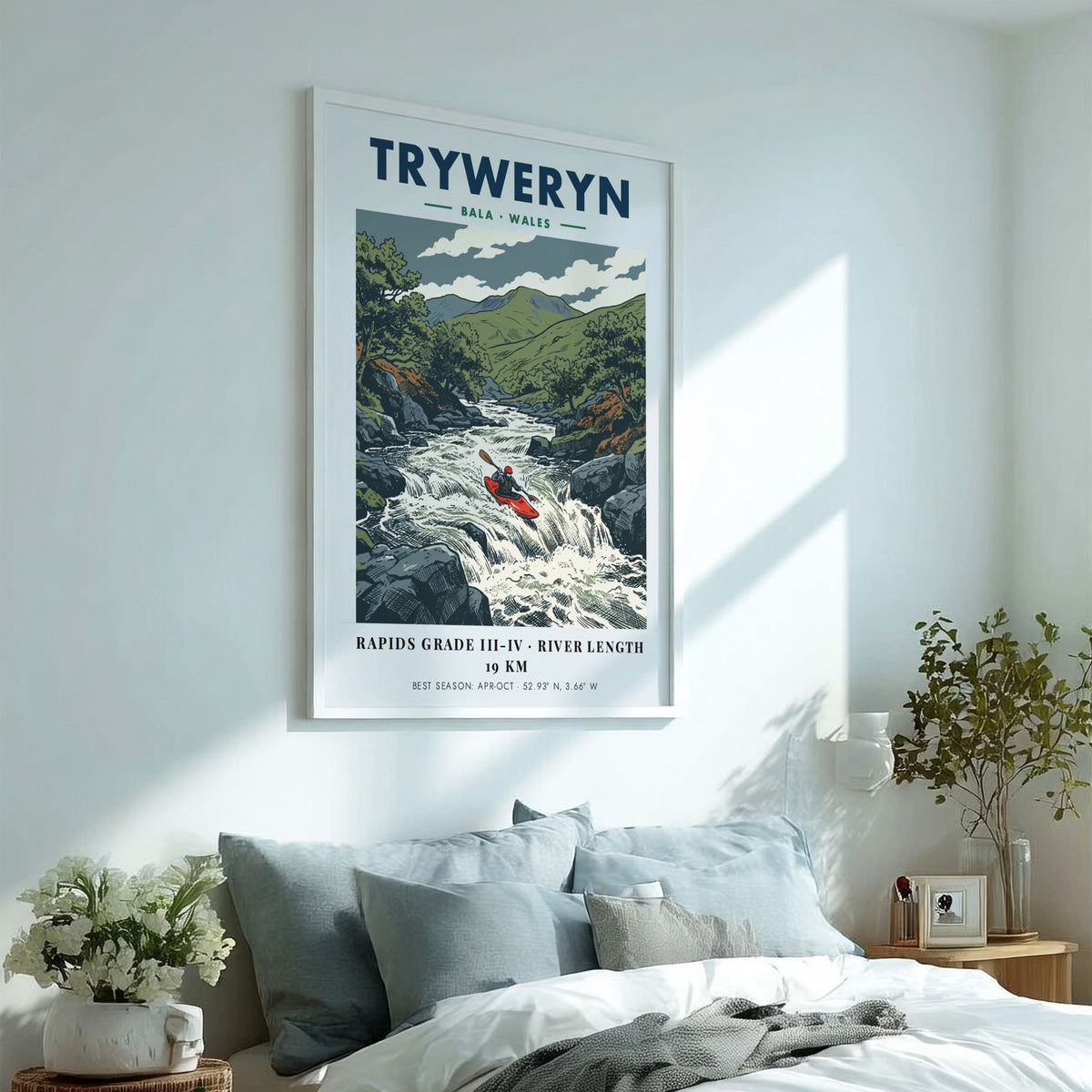 Poster of a red kayak navigating the turbulent Tryweryn River in Bala Wales