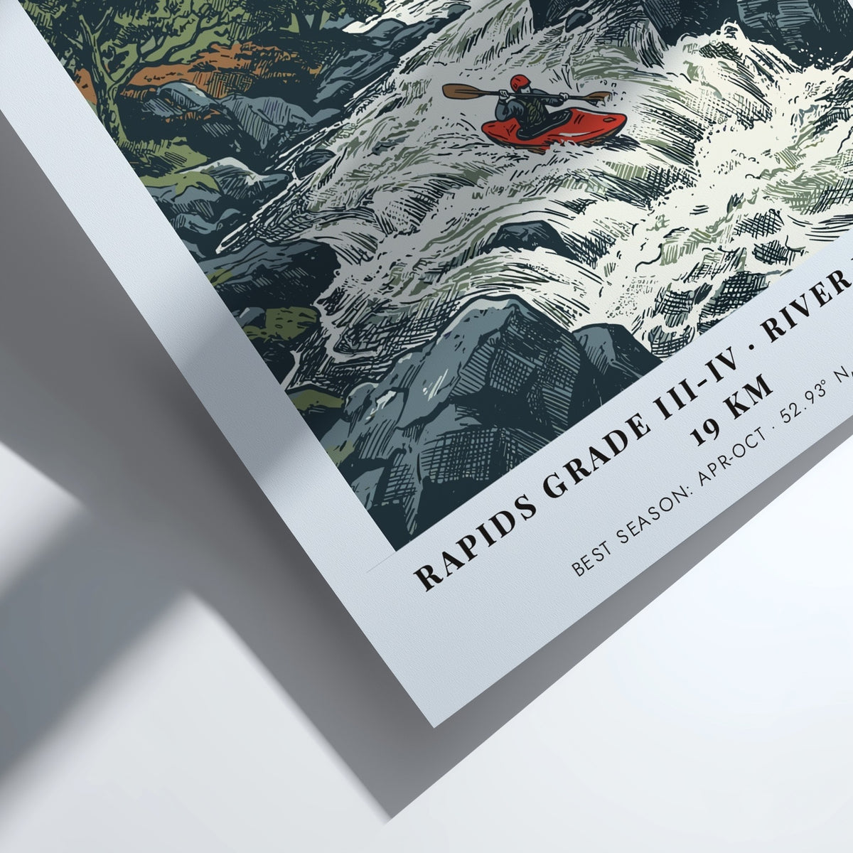 Poster of a red kayak navigating the turbulent Tryweryn River in Bala Wales