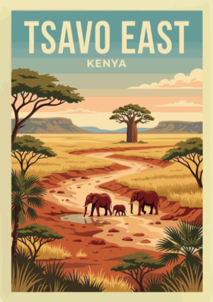 Tsavo East poster featuring elephants in a warm landscape with earthy tones, perfect for wildlife decor.