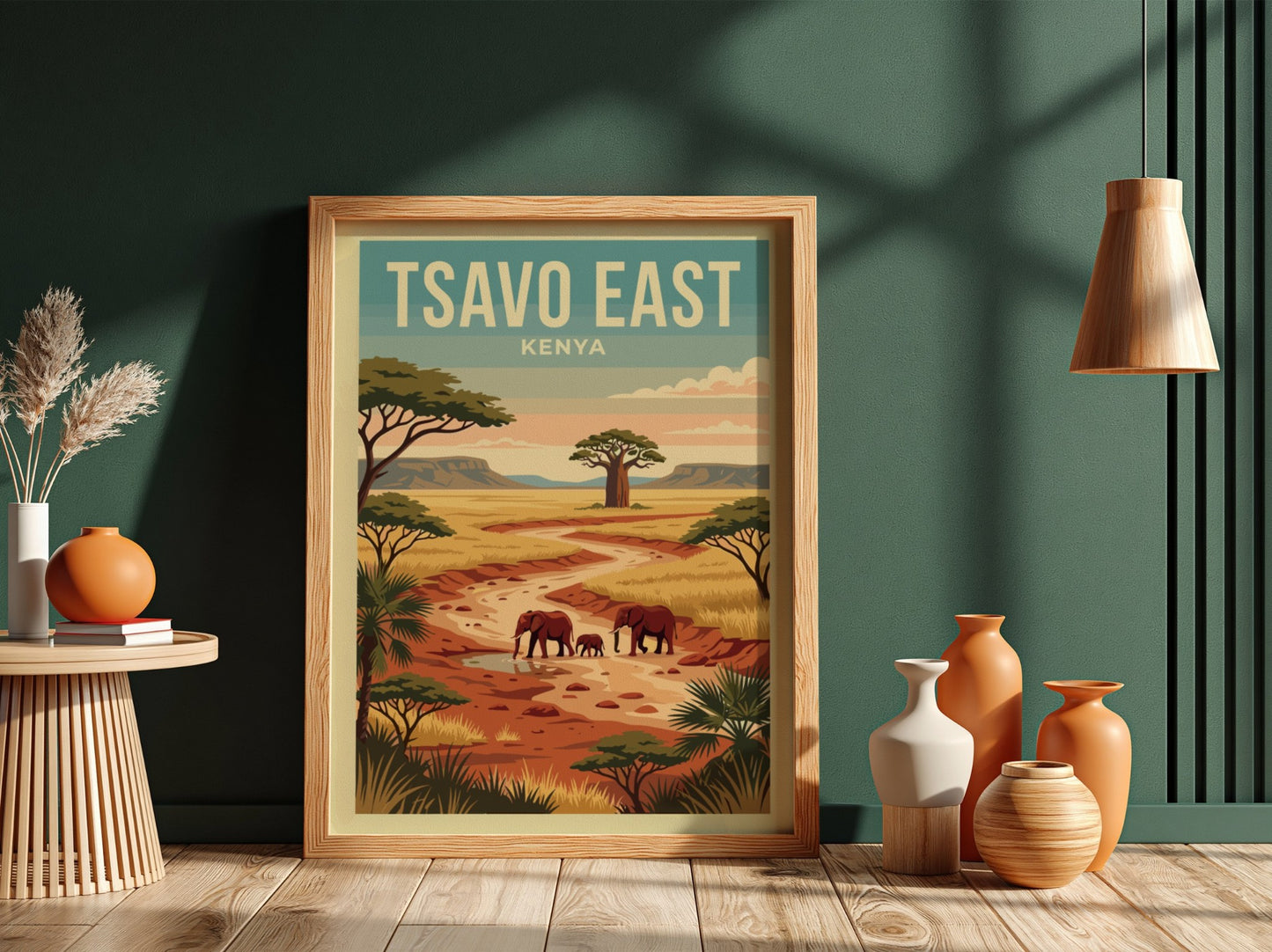 Tsavo East poster featuring elephants in a warm landscape with earthy tones, perfect for wildlife decor.