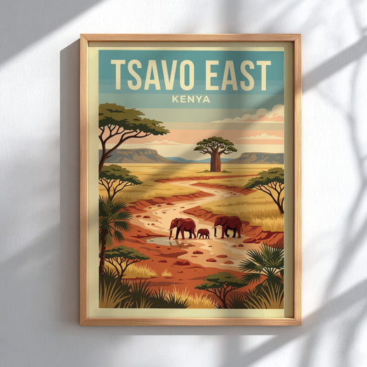 Tsavo East poster featuring elephants in a warm landscape with earthy tones, perfect for wildlife decor.