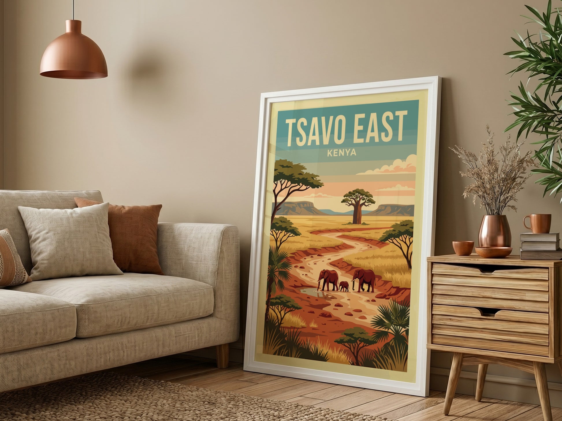 Tsavo East poster featuring elephants in a warm landscape with earthy tones, perfect for wildlife decor.