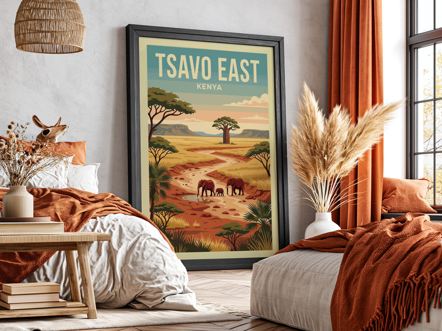 Tsavo East poster featuring elephants in a warm landscape with earthy tones, perfect for wildlife decor.