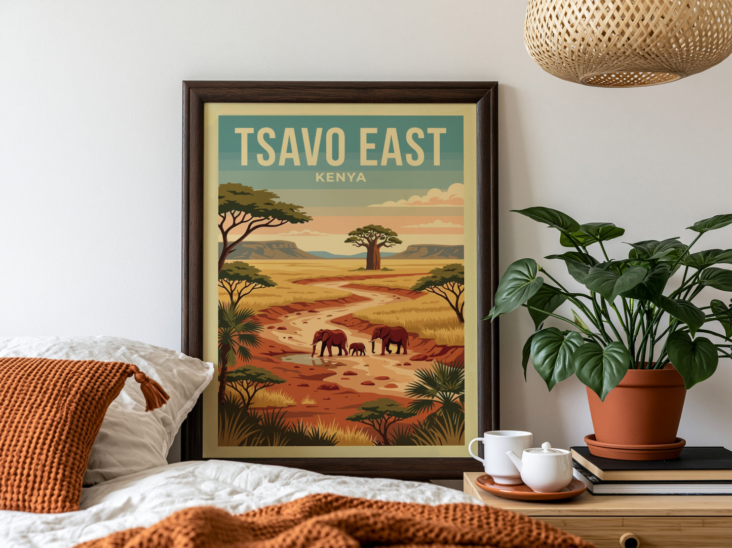Tsavo East poster featuring elephants in a warm landscape with earthy tones, perfect for wildlife decor.