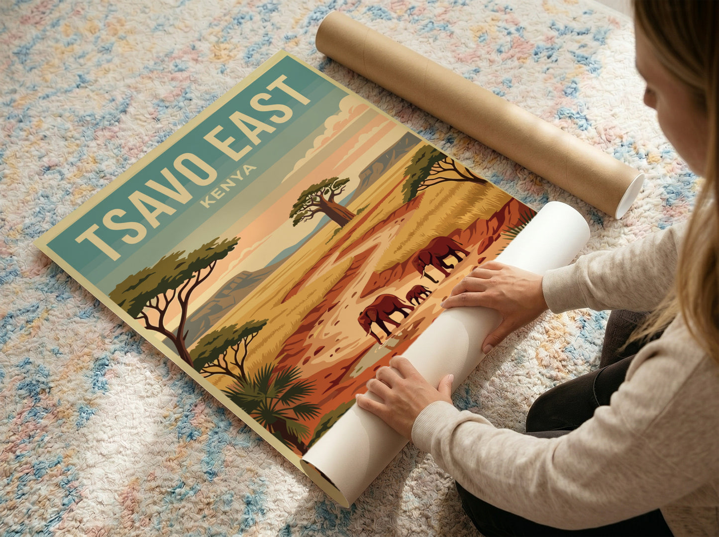 Tsavo East poster featuring elephants in a warm landscape with earthy tones, perfect for wildlife decor.