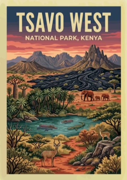 Tsavo West National Park poster featuring wildlife, mountains, and a vibrant landscape in earthy tones.
