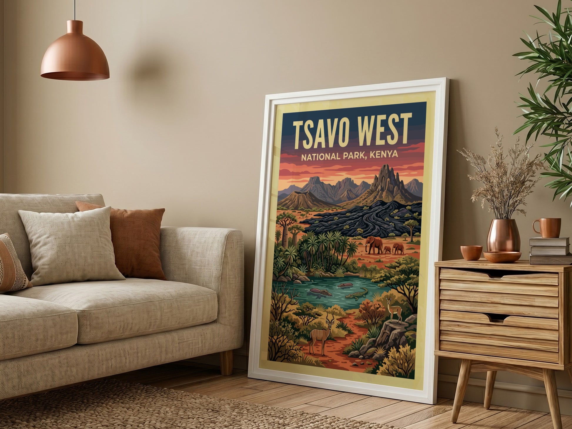 Tsavo West National Park poster featuring wildlife, mountains, and a vibrant landscape in earthy tones.