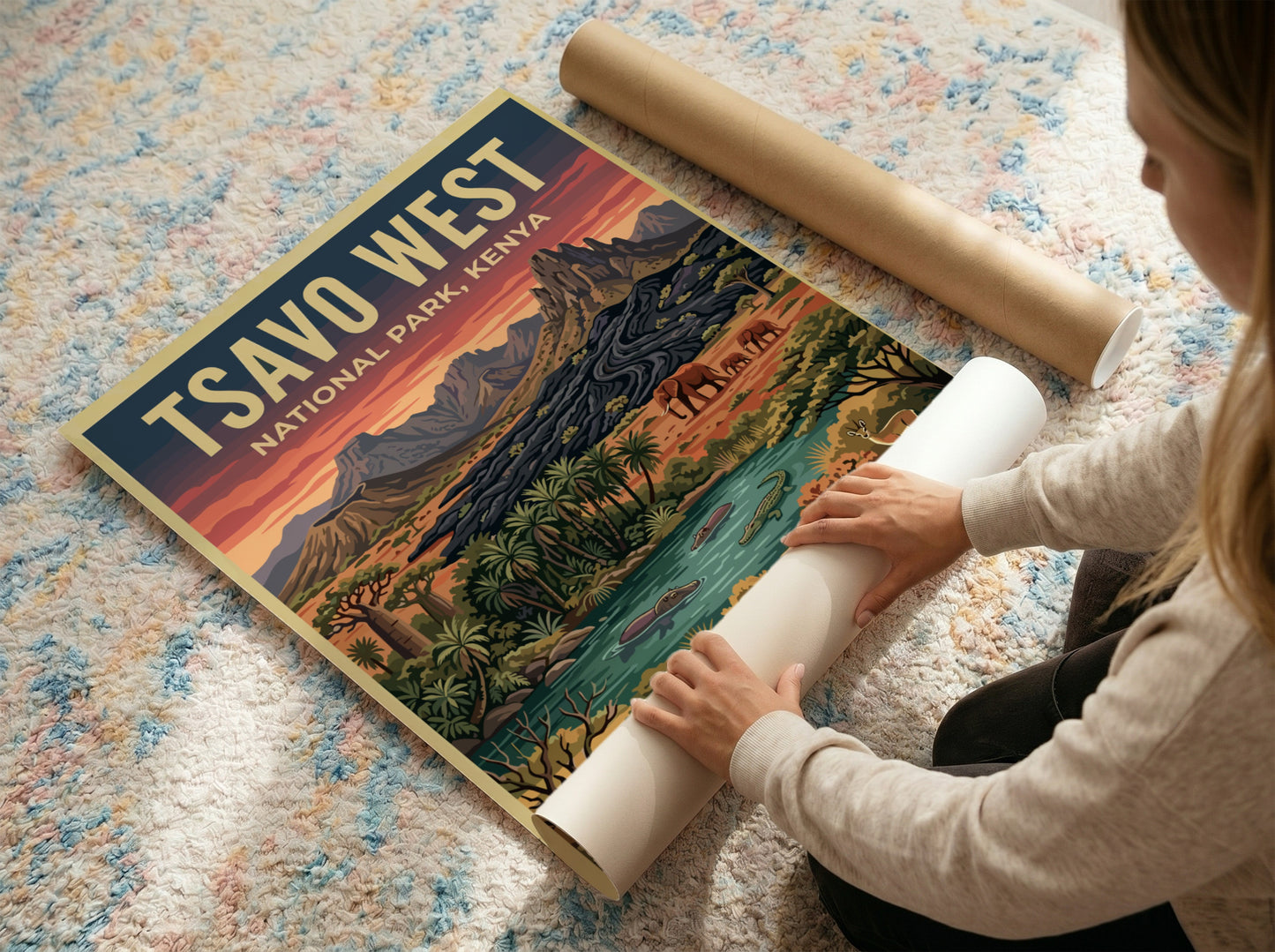 Tsavo West National Park poster featuring wildlife, mountains, and a vibrant landscape in earthy tones.