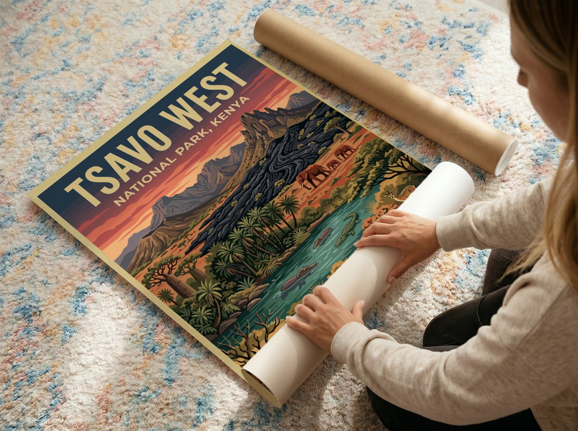 Tsavo West National Park poster featuring wildlife, mountains, and a vibrant landscape in earthy tones.