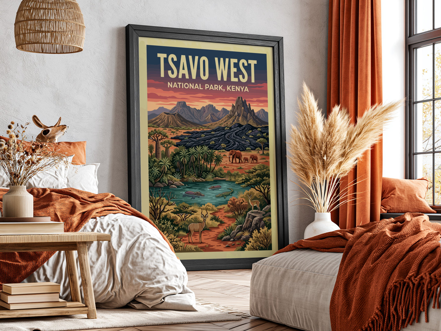 Tsavo West National Park poster featuring wildlife, mountains, and a vibrant landscape in earthy tones.