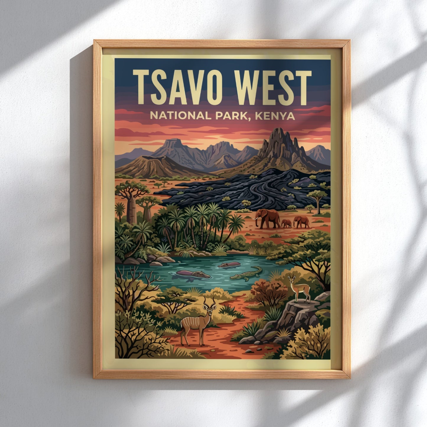 Tsavo West National Park poster featuring wildlife, mountains, and a vibrant landscape in earthy tones.