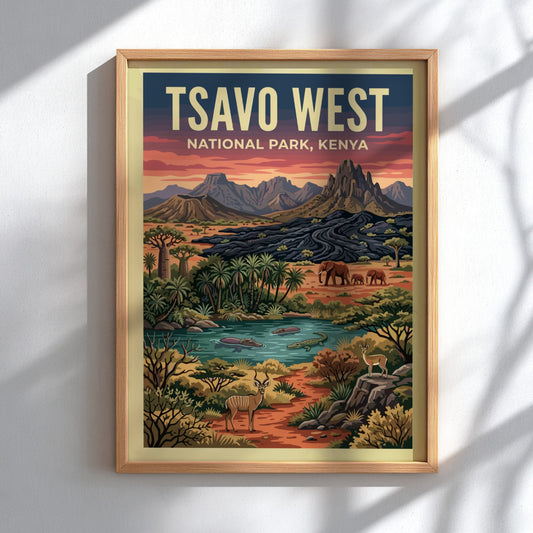 Tsavo West National Park poster featuring wildlife, mountains, and a vibrant landscape in earthy tones.