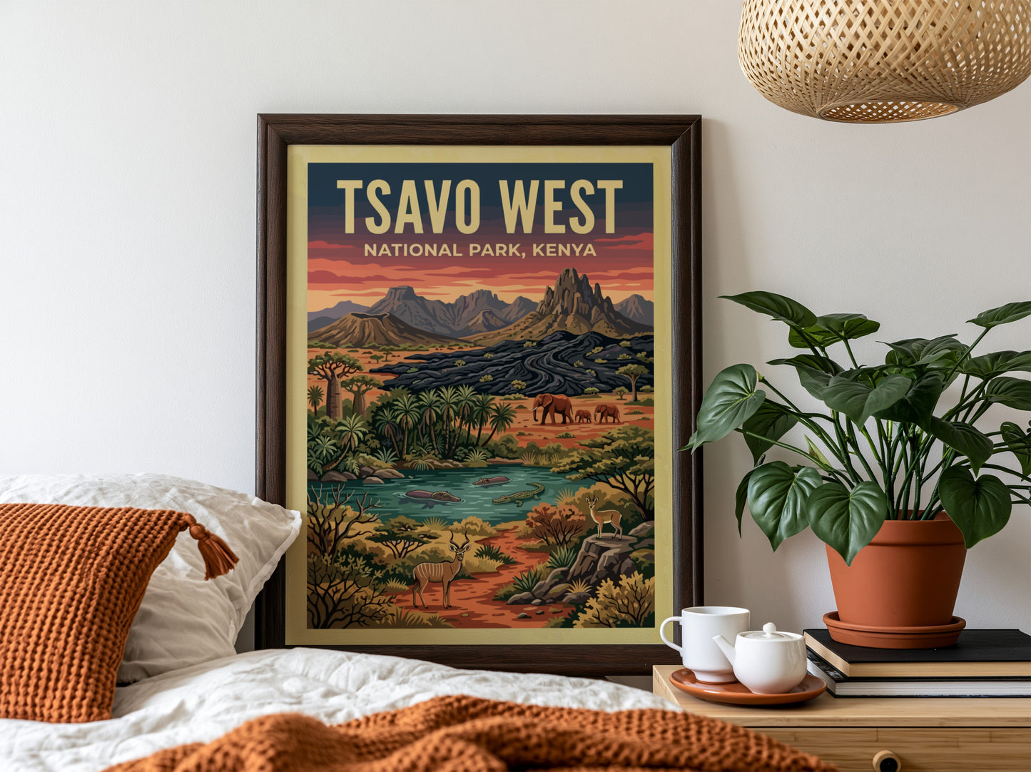 Tsavo West National Park poster featuring wildlife, mountains, and a vibrant landscape in earthy tones.