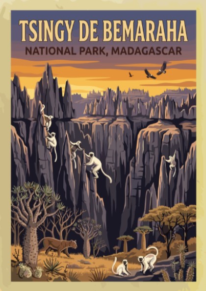 Tsingy de Bemaraha poster featuring rock formations and wildlife in warm colors, ideal for nature lovers and