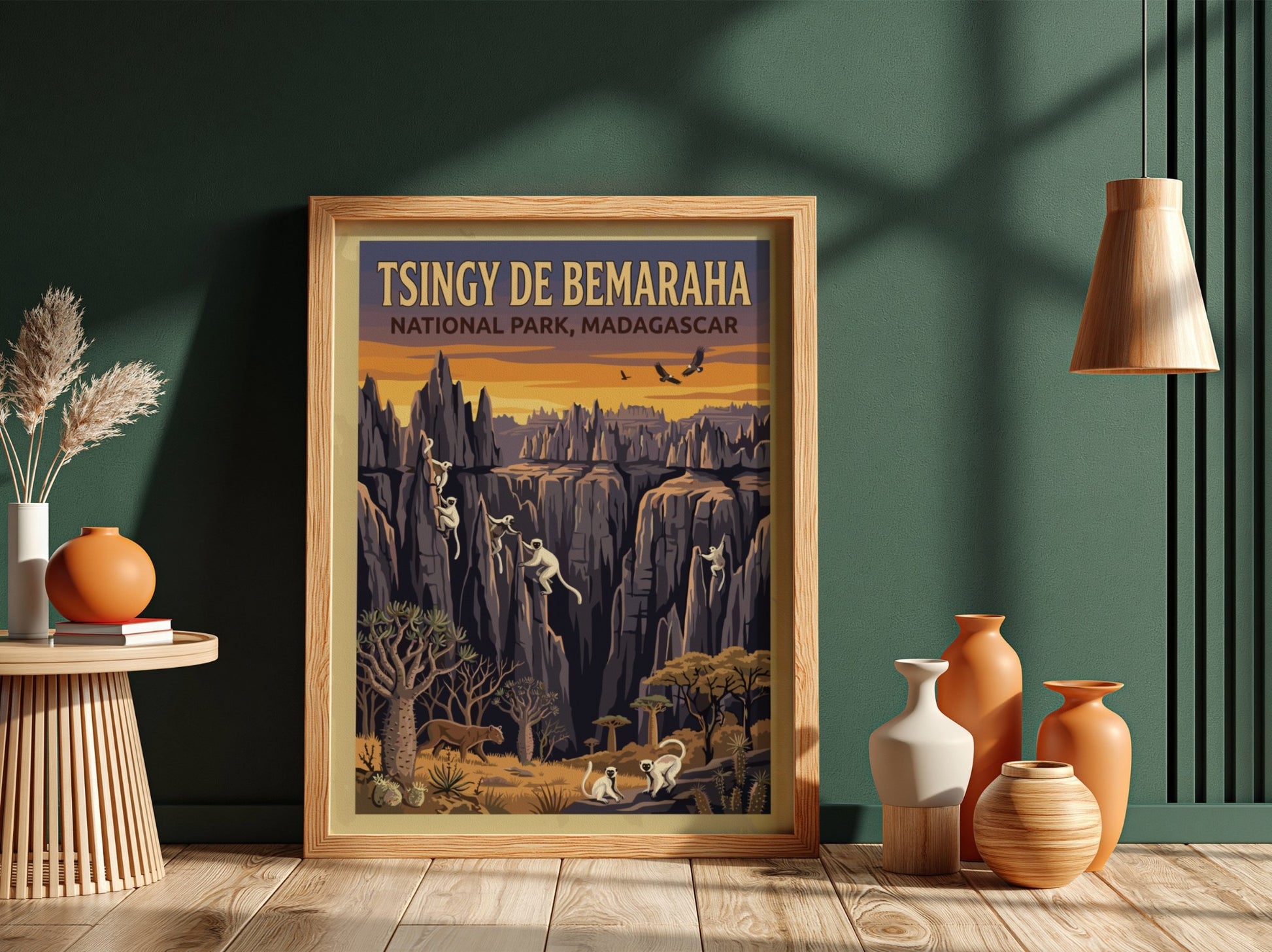 Tsingy de Bemaraha poster featuring rock formations and wildlife in warm colors, ideal for nature lovers and