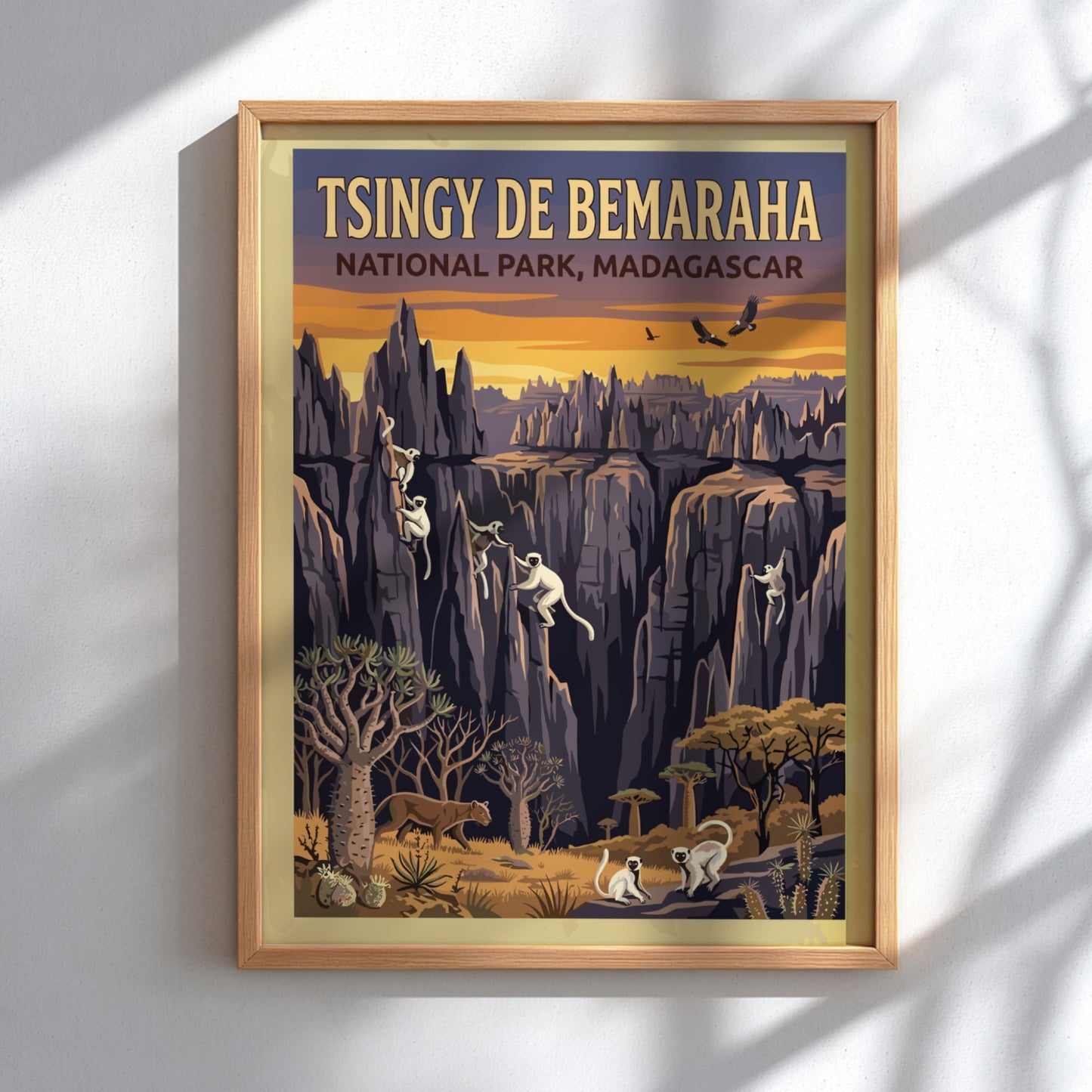 Tsingy de Bemaraha poster featuring rock formations and wildlife in warm colors, ideal for nature lovers and