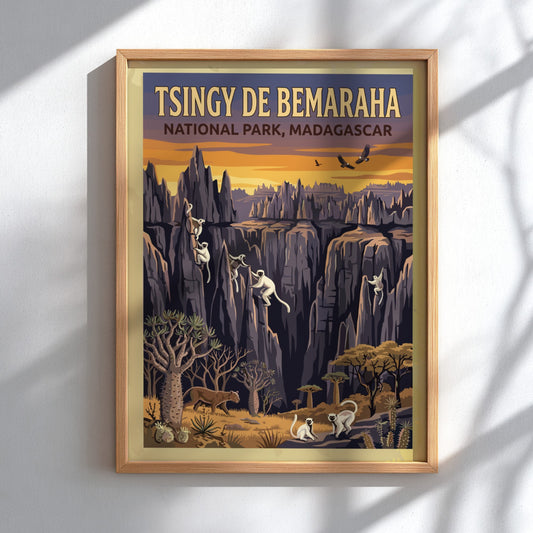 Tsingy de Bemaraha poster featuring rock formations and wildlife in warm colors, ideal for nature lovers and