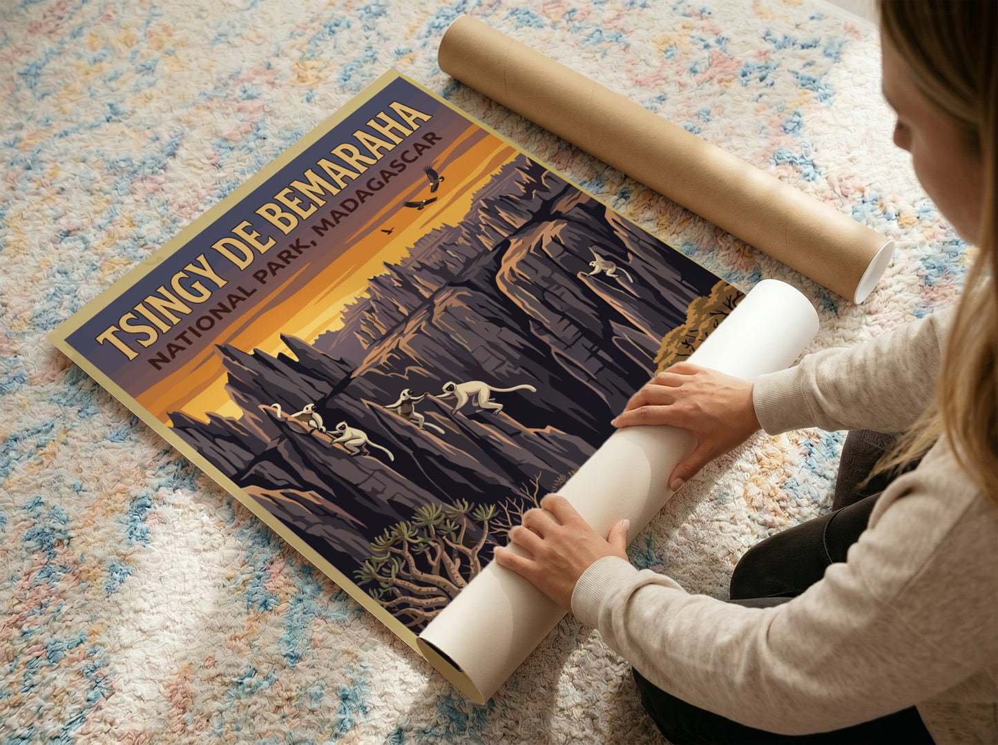 Tsingy de Bemaraha poster featuring rock formations and wildlife in warm colors, ideal for nature lovers and