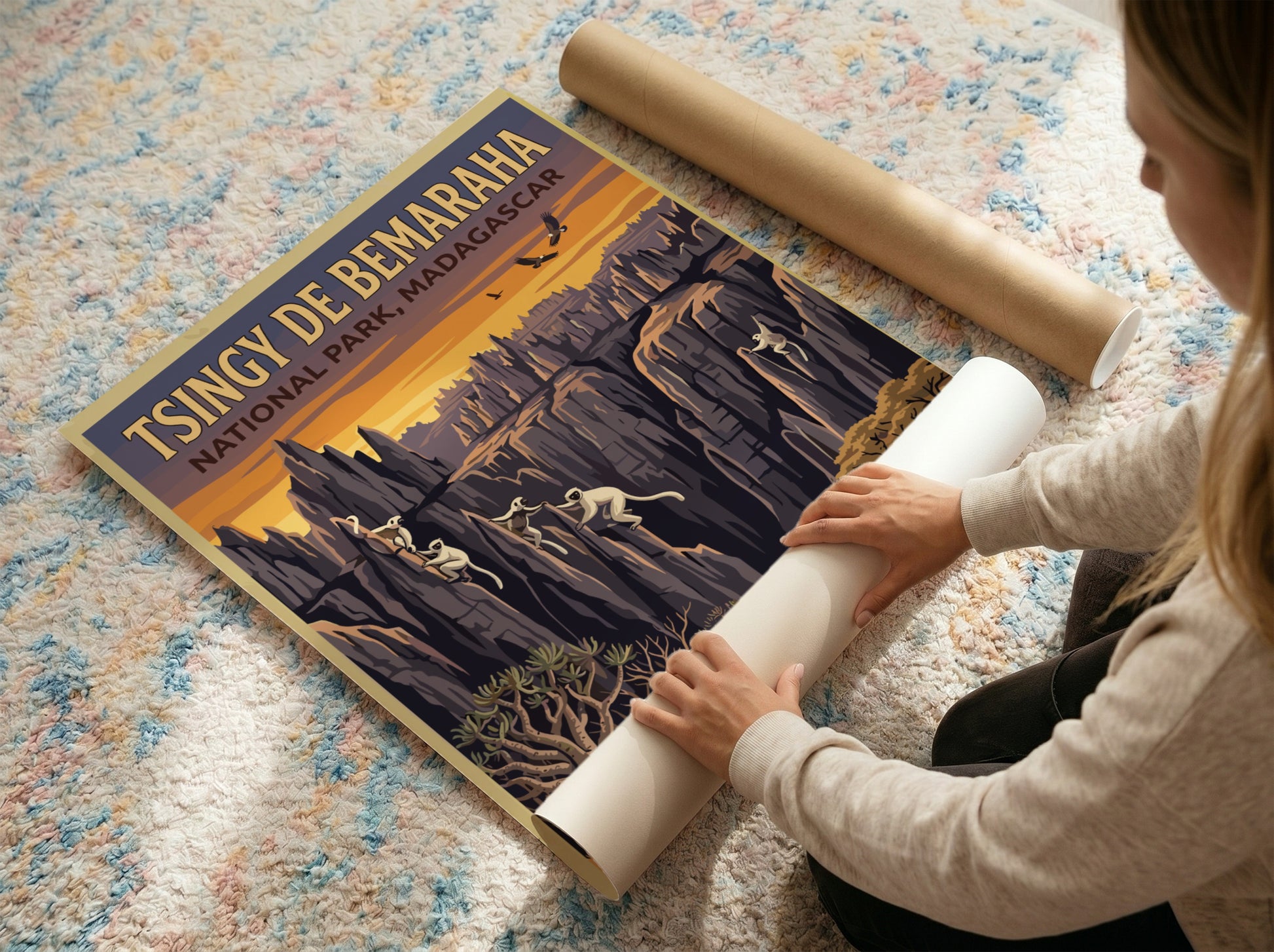 Tsingy de Bemaraha poster featuring rock formations and wildlife in warm colors, ideal for nature lovers and
