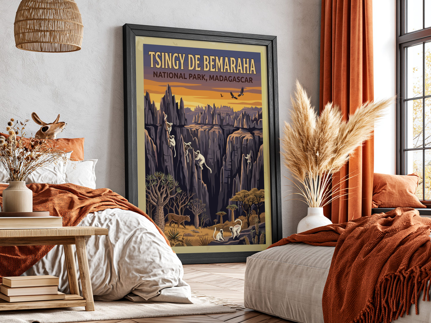 Tsingy de Bemaraha poster featuring rock formations and wildlife in warm colors, ideal for nature lovers and