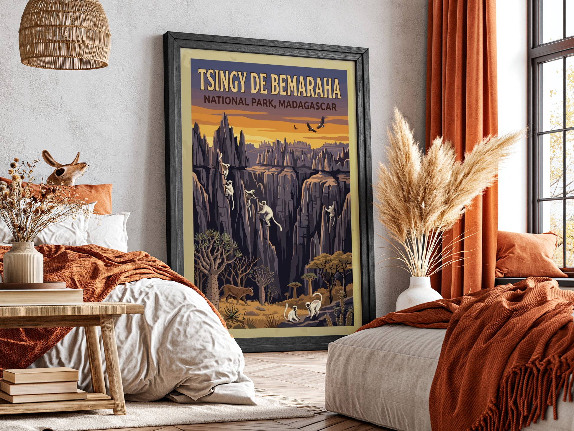 Tsingy de Bemaraha poster featuring rock formations and wildlife in warm colors, ideal for nature lovers and