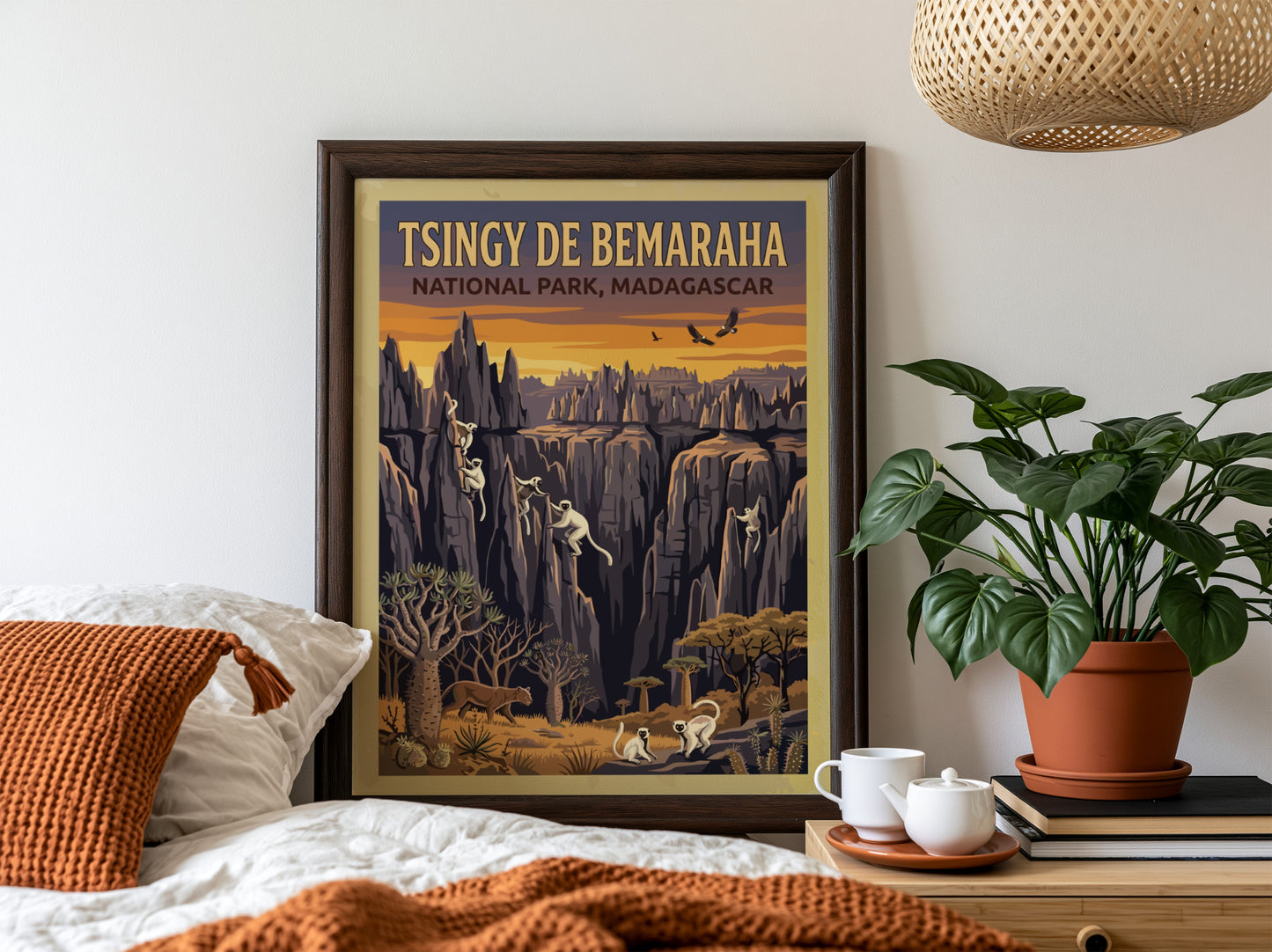 Tsingy de Bemaraha poster featuring rock formations and wildlife in warm colors, ideal for nature lovers and