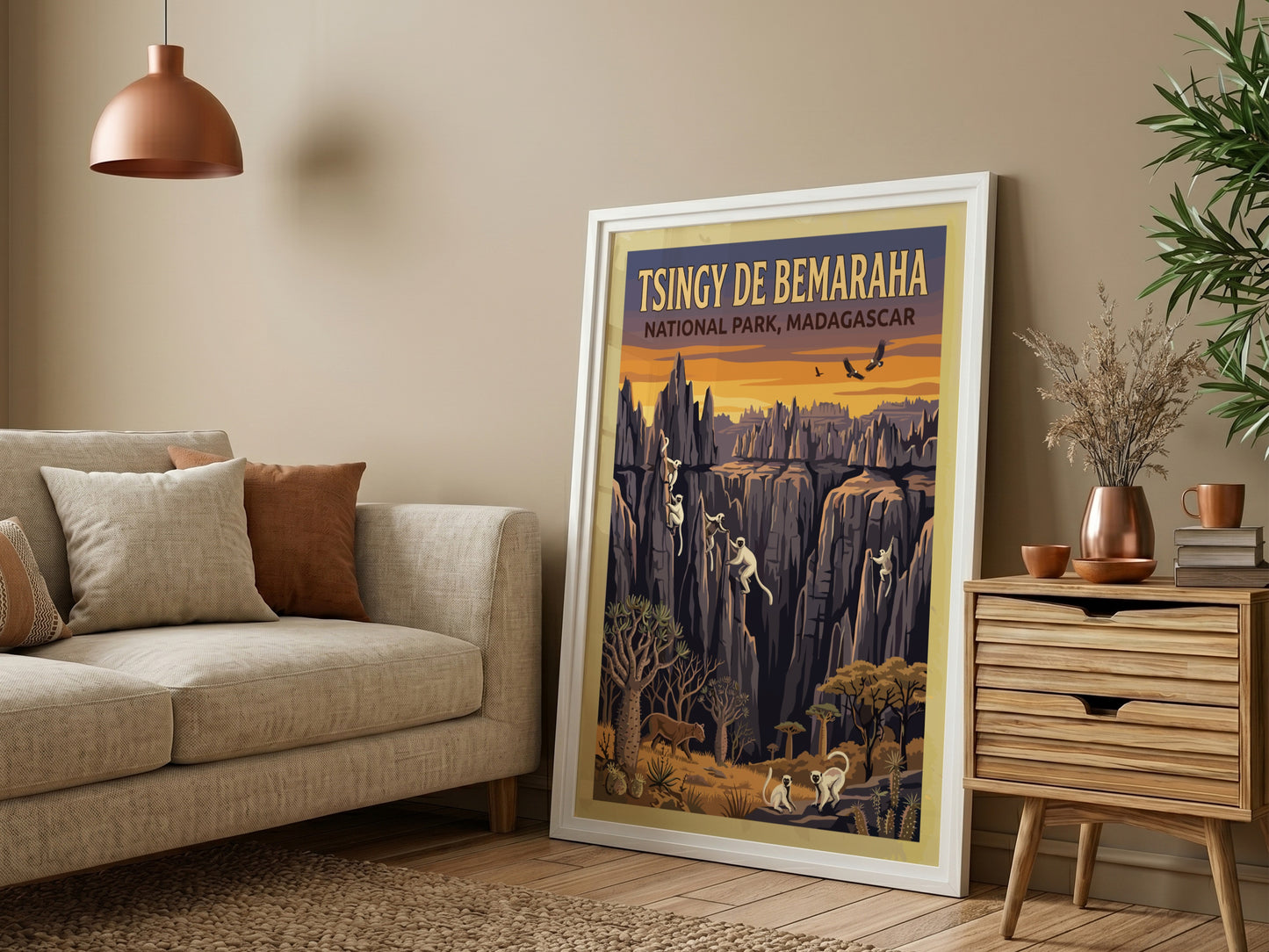 Tsingy de Bemaraha poster featuring rock formations and wildlife in warm colors, ideal for nature lovers and