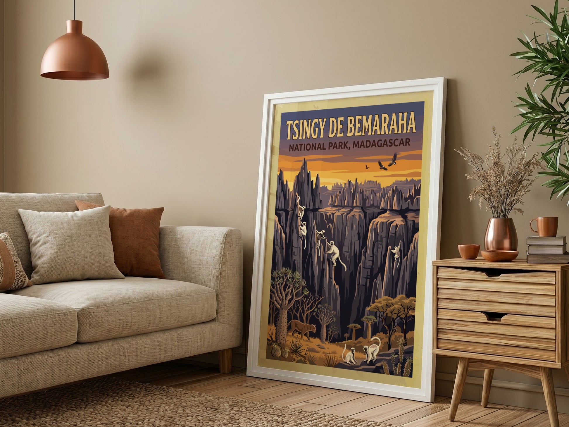 Tsingy de Bemaraha poster featuring rock formations and wildlife in warm colors, ideal for nature lovers and