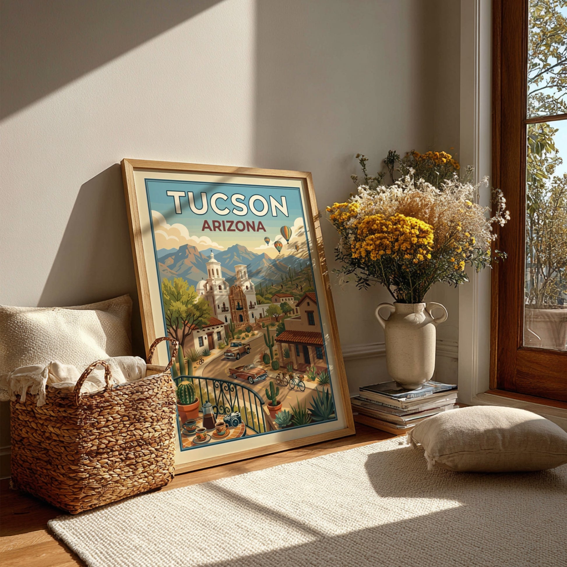 Tucson Arizona travel poster with vintage cars, desert landscape, and Mission San Xavier del Bac.
