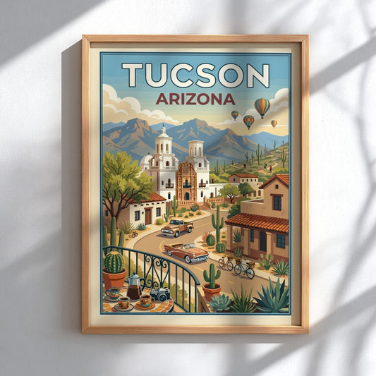 Tucson Arizona travel poster with vintage cars, desert landscape, and Mission San Xavier del Bac.
