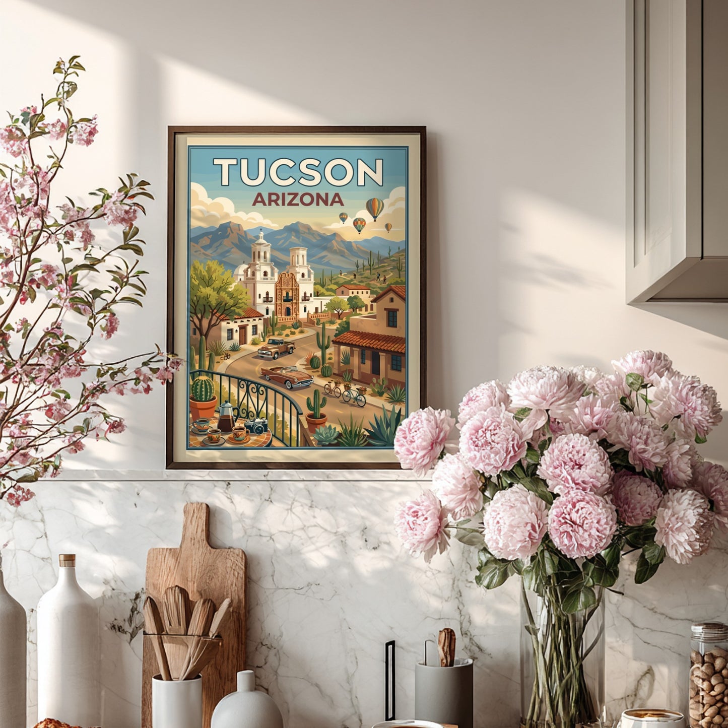 Tucson Arizona travel poster with vintage cars, desert landscape, and Mission San Xavier del Bac.